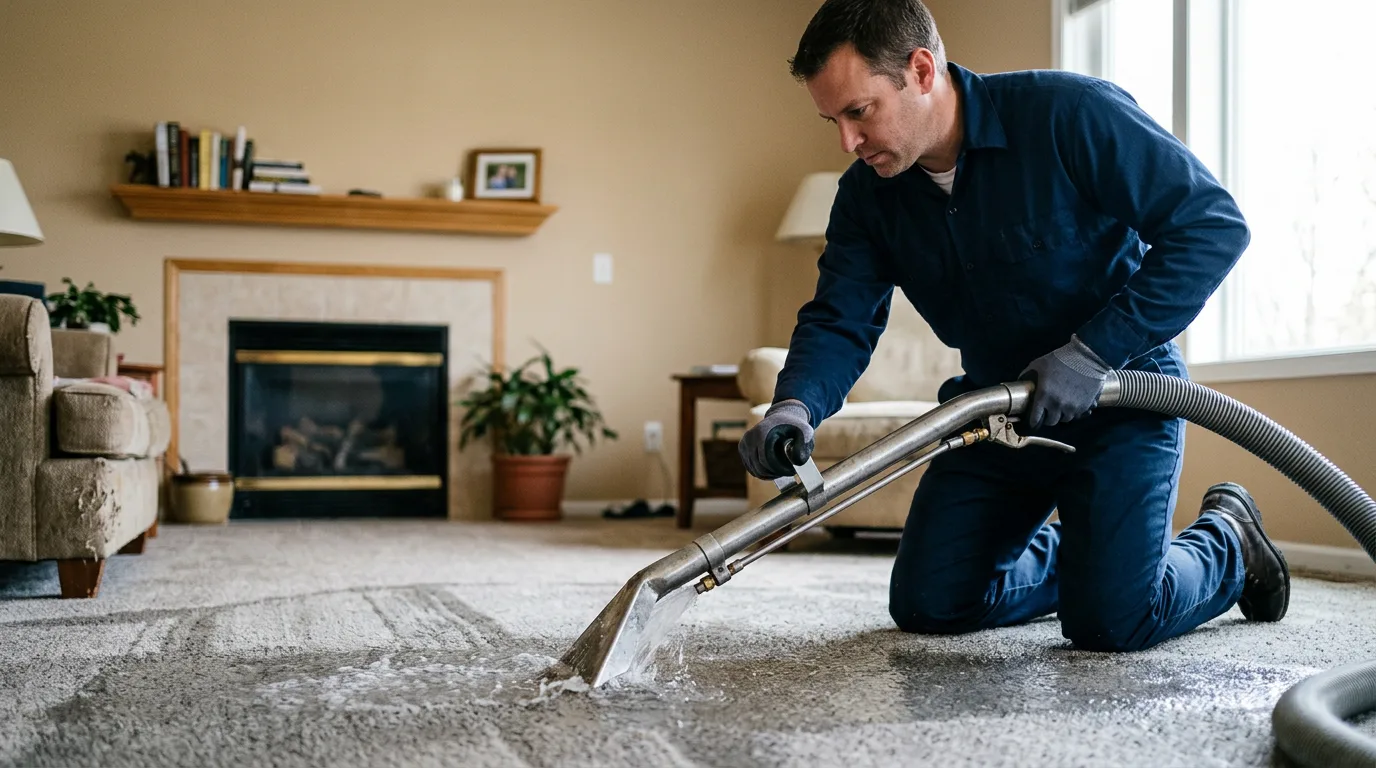 Water damage restoration technician working near Victoria, KS